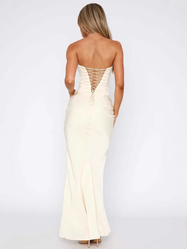 Robe Longue Femme Sans Bretelles avec Fronces et Encolure Droite-Maxi Dress-Gigié