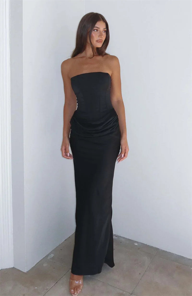 Robe Longue Femme Sans Bretelles avec Fronces et Encolure Droite-Maxi Dress-Gigié