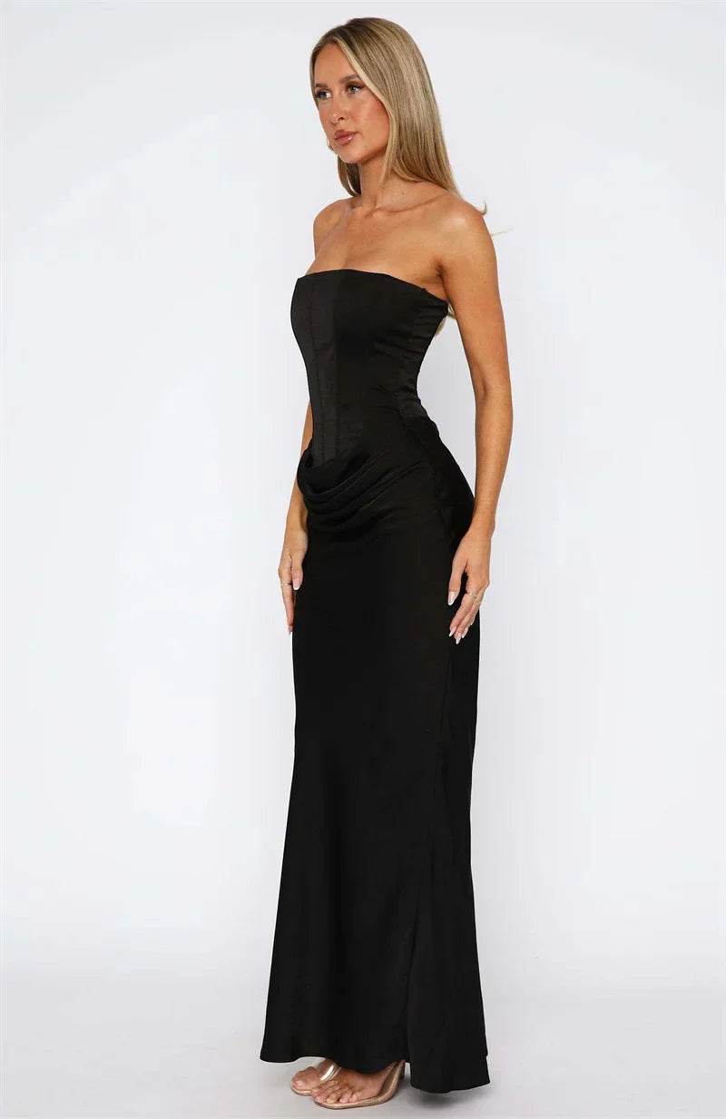 Robe Longue Femme Sans Bretelles avec Fronces et Encolure Droite-Maxi Dress-Gigié