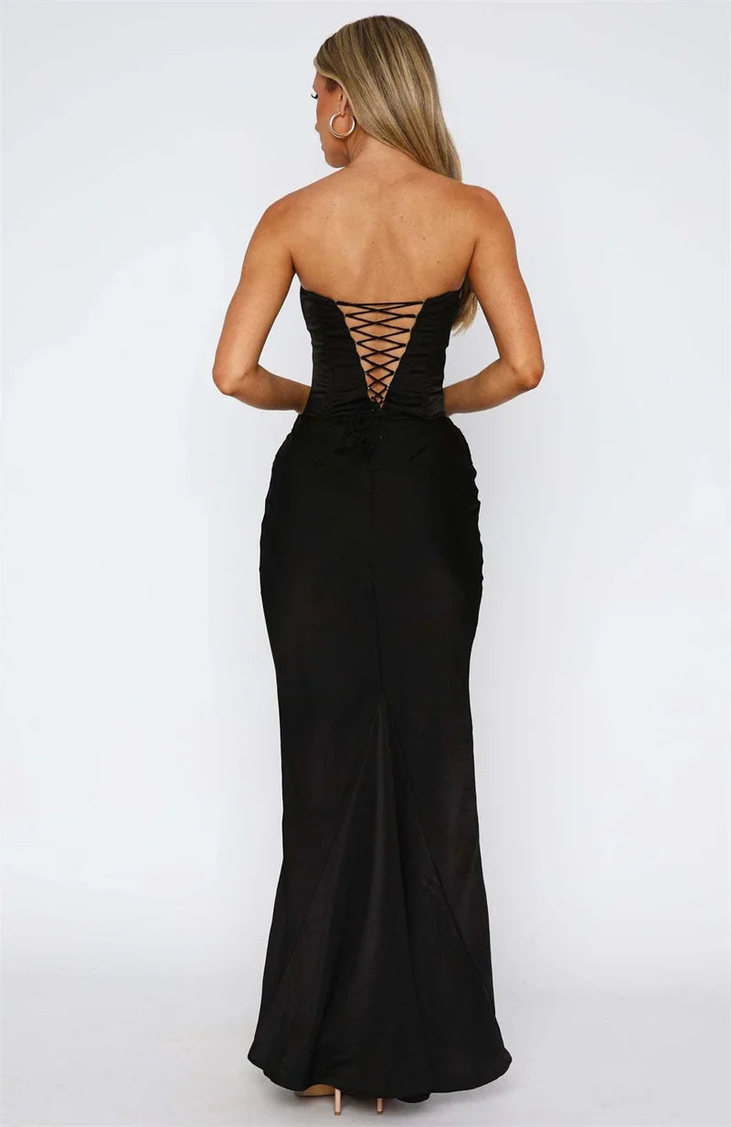 Robe Longue Femme Sans Bretelles avec Fronces et Encolure Droite-Maxi Dress-Gigié