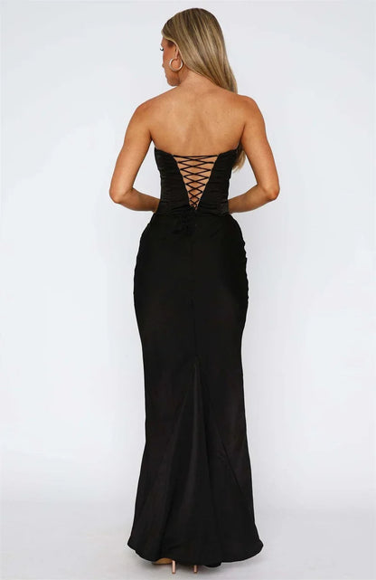 Robe Longue Femme Sans Bretelles avec Fronces et Encolure Droite-Maxi Dress-Gigié