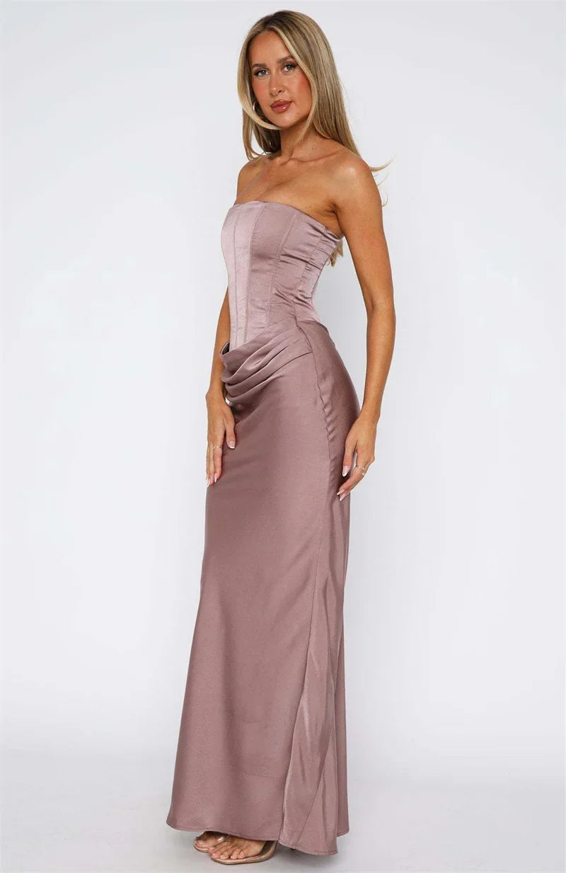 Robe Longue Femme Sans Bretelles avec Fronces et Encolure Droite-Maxi Dress-Gigié