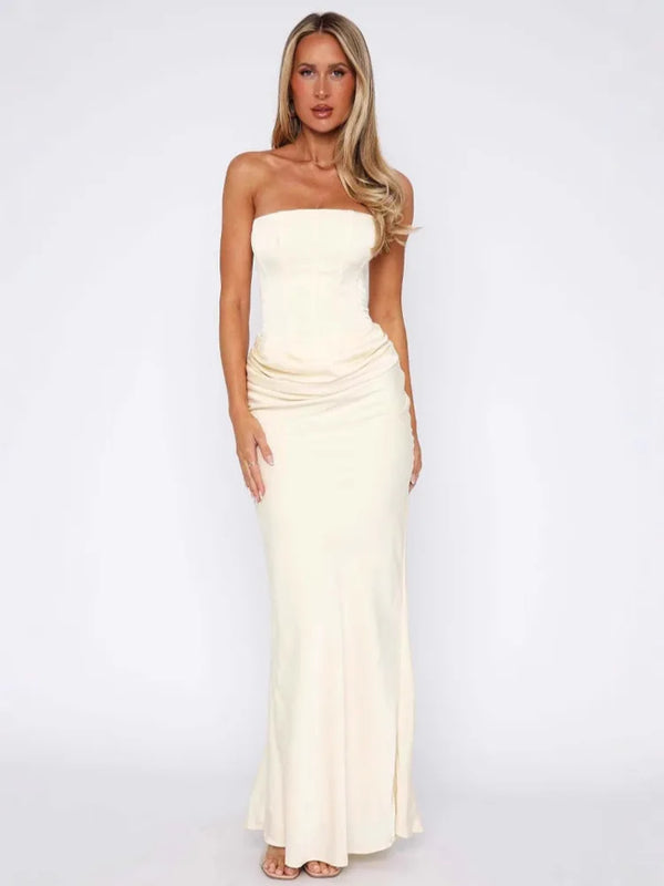 Robe Longue Femme Sans Bretelles avec Fronces et Encolure Droite-Maxi Dress-Gigié