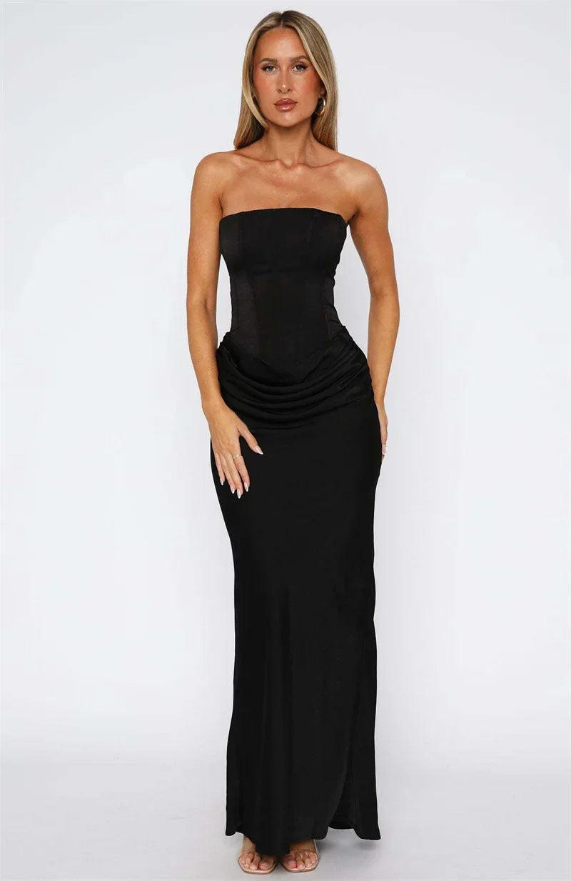 Robe Longue Femme Sans Bretelles avec Fronces et Encolure Droite-Maxi Dress-Gigié