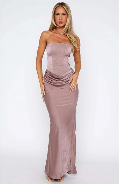 Robe Longue Femme Sans Bretelles avec Fronces et Encolure Droite-Maxi Dress-Gigié