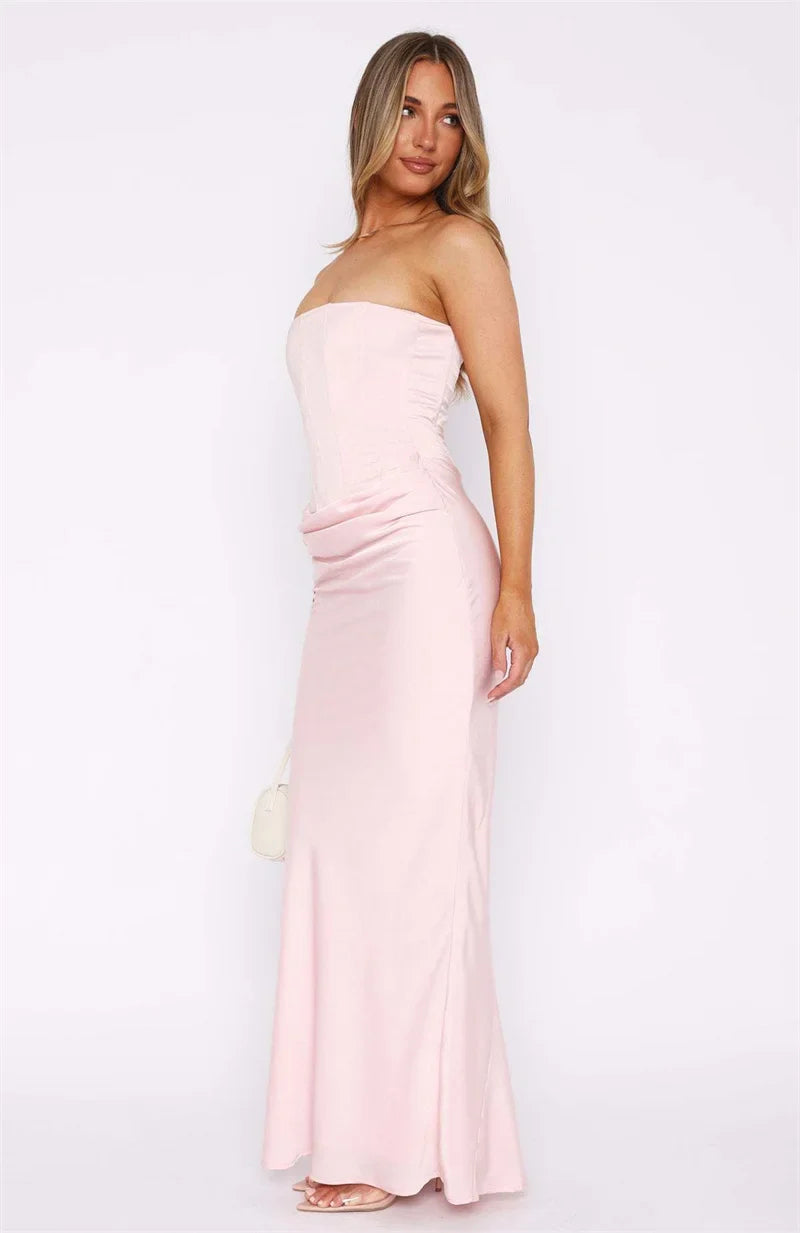 Robe Longue Femme Sans Bretelles avec Fronces et Encolure Droite-Maxi Dress-Gigié