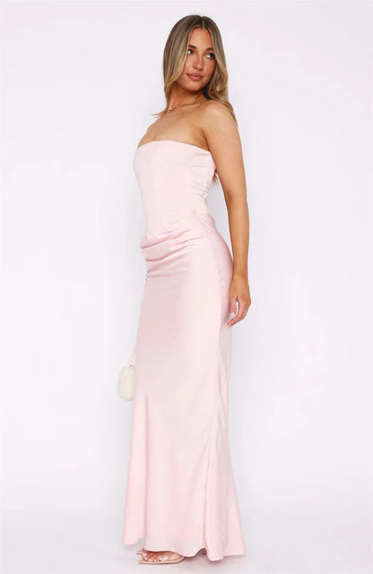 Robe Longue Femme Sans Bretelles avec Fronces et Encolure Droite-Maxi Dress-Gigié