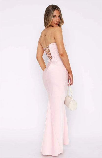 Robe Longue Femme Sans Bretelles avec Fronces et Encolure Droite-Maxi Dress-Gigié
