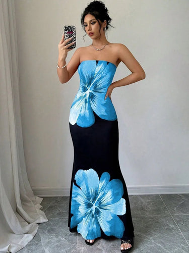 Robe longue femme sans bretelles avec motif imprimé-Maxi Dress-Gigié