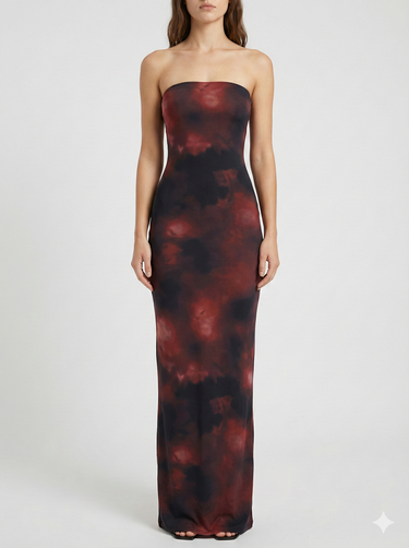Robe longue femme sans bretelles avec motif imprimé-Maxi Dress-Gigié