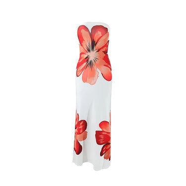 Robe longue femme sans bretelles avec motif imprimé-Maxi Dress-Gigié