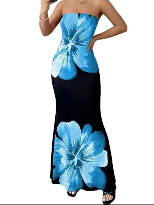 Robe longue femme sans bretelles avec motif imprimé-Maxi Dress-Gigié