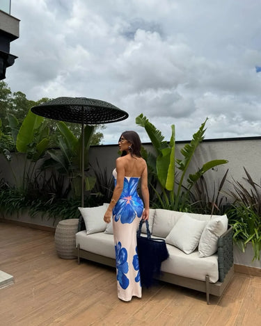 Robe longue femme sans bretelles avec motif imprimé-Maxi Dress-Gigié