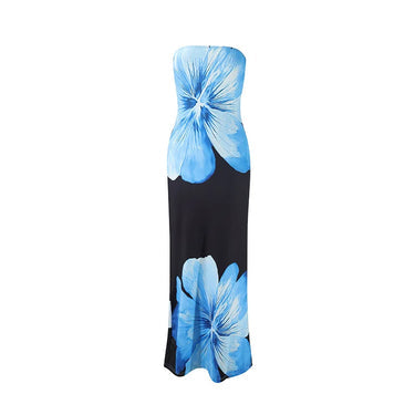 Robe longue femme sans bretelles avec motif imprimé-Maxi Dress-Gigié