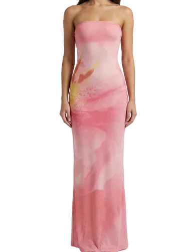 Robe longue femme sans bretelles avec motif imprimé-Maxi Dress-Gigié