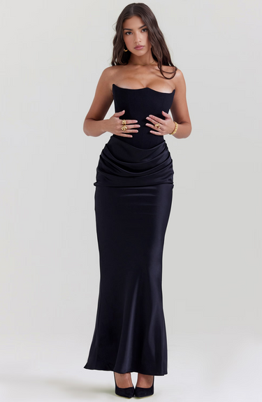 Robe longue femme sans bretelles avec panneau drapé à la taille-Maxi Dress-Gigié