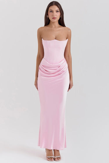 Robe longue femme sans bretelles avec panneau drapé à la taille-Maxi Dress-Gigié