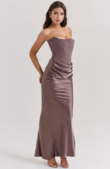 Robe longue femme sans bretelles avec panneau drapé à la taille-Maxi Dress-Gigié