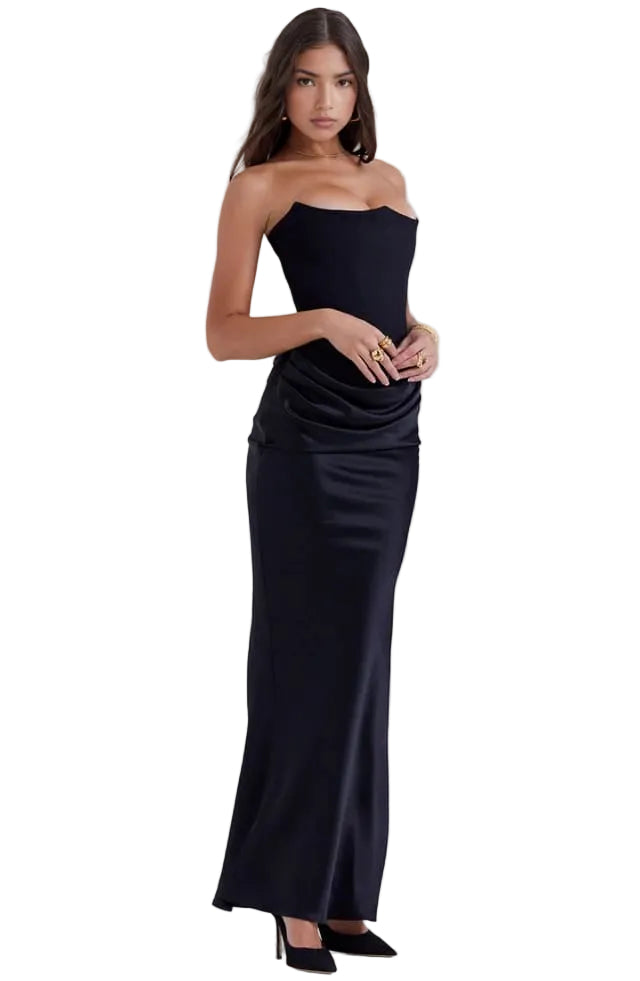 Robe longue femme sans bretelles avec panneau drapé à la taille-Maxi Dress-Gigié