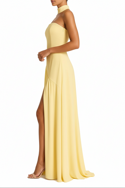 Robe Longue Femme Sans Bretelles avec Tour de Cou et Fente Asymétrique-Maxi Dress-Gigié