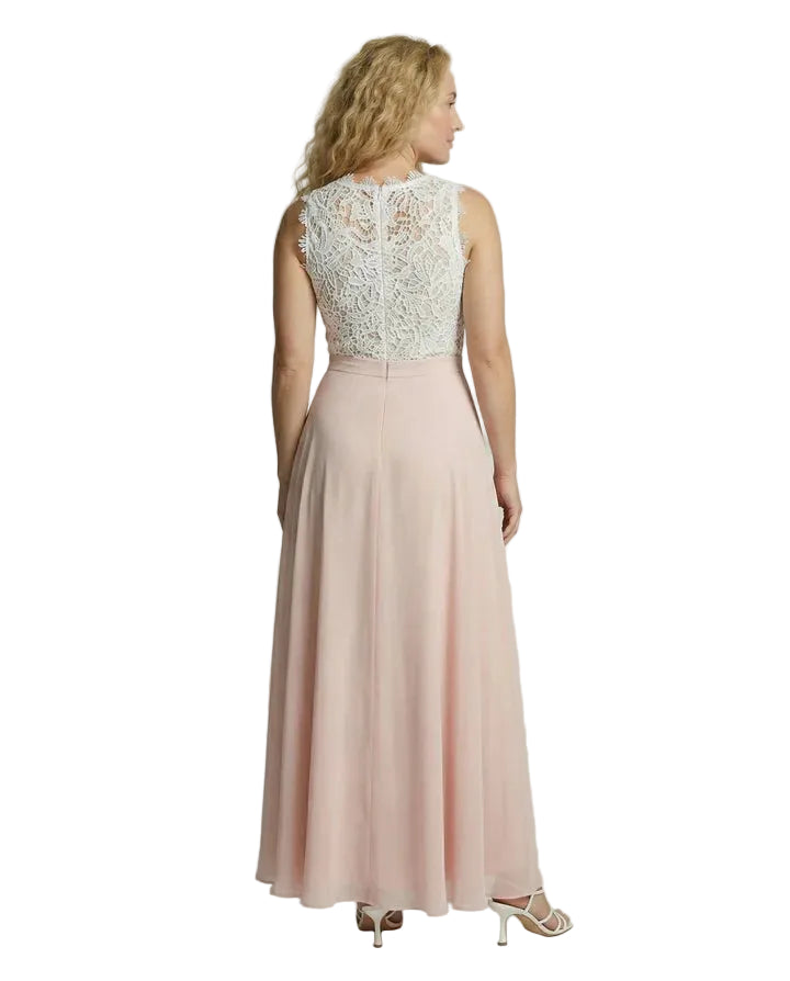 Robe longue femme sans manches avec corsage en dentelle et jupe fluide-Maxi Dress-Gigié