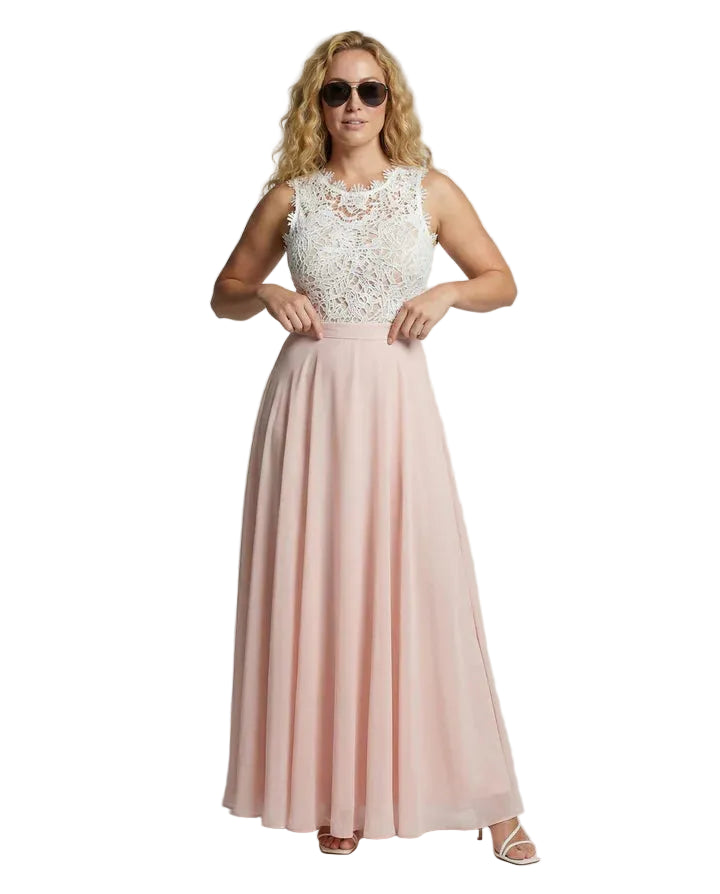 Robe longue femme sans manches avec corsage en dentelle et jupe fluide-Maxi Dress-Gigié