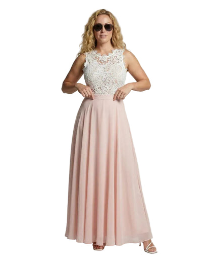 Robe longue femme sans manches avec corsage en dentelle et jupe fluide-Maxi Dress-Gigié