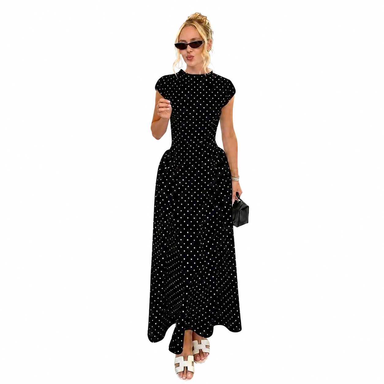 Robe longue pour femme à pois avec col montant et jupe plissée-Midi Dress-Gigié