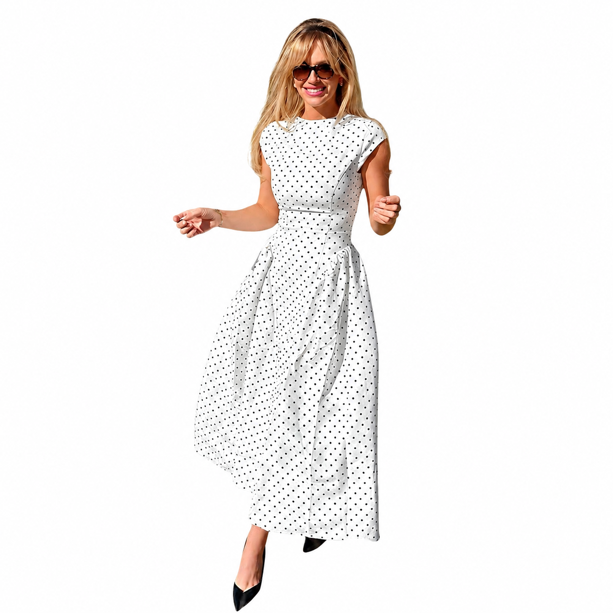 Robe longue pour femme à pois avec col montant et jupe plissée-Midi Dress-Gigié