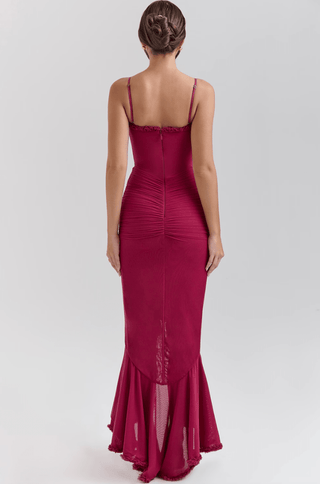 Robe longue pour femme avec bretelles fines et ourlet à volants-Maxi Dress-Gigié