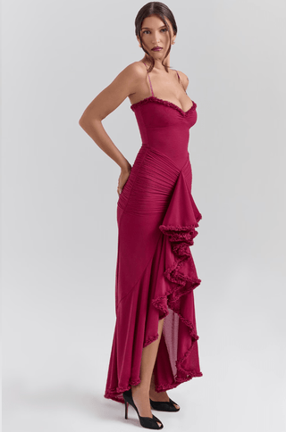 Robe longue pour femme avec bretelles fines et ourlet à volants-Maxi Dress-Gigié