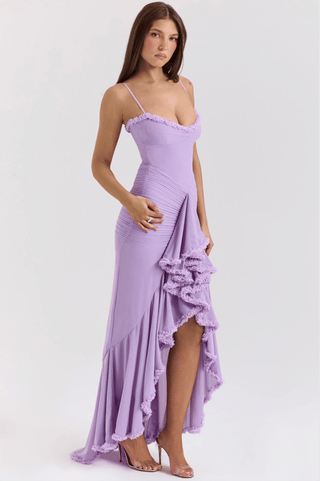 Robe longue pour femme avec bretelles fines et ourlet à volants-Maxi Dress-Gigié
