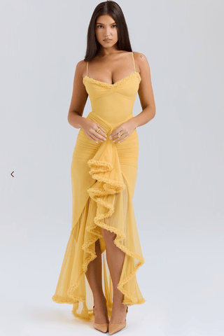 Robe longue pour femme avec bretelles fines et ourlet à volants-Maxi Dress-Gigié