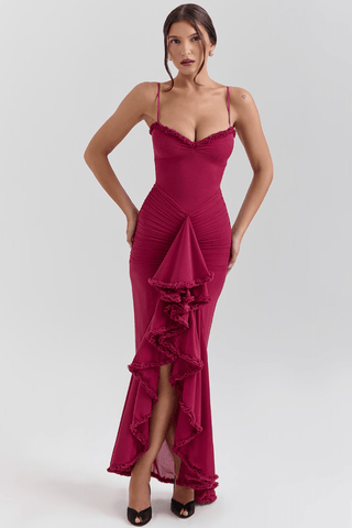 Robe longue pour femme avec bretelles fines et ourlet à volants-Maxi Dress-Gigié