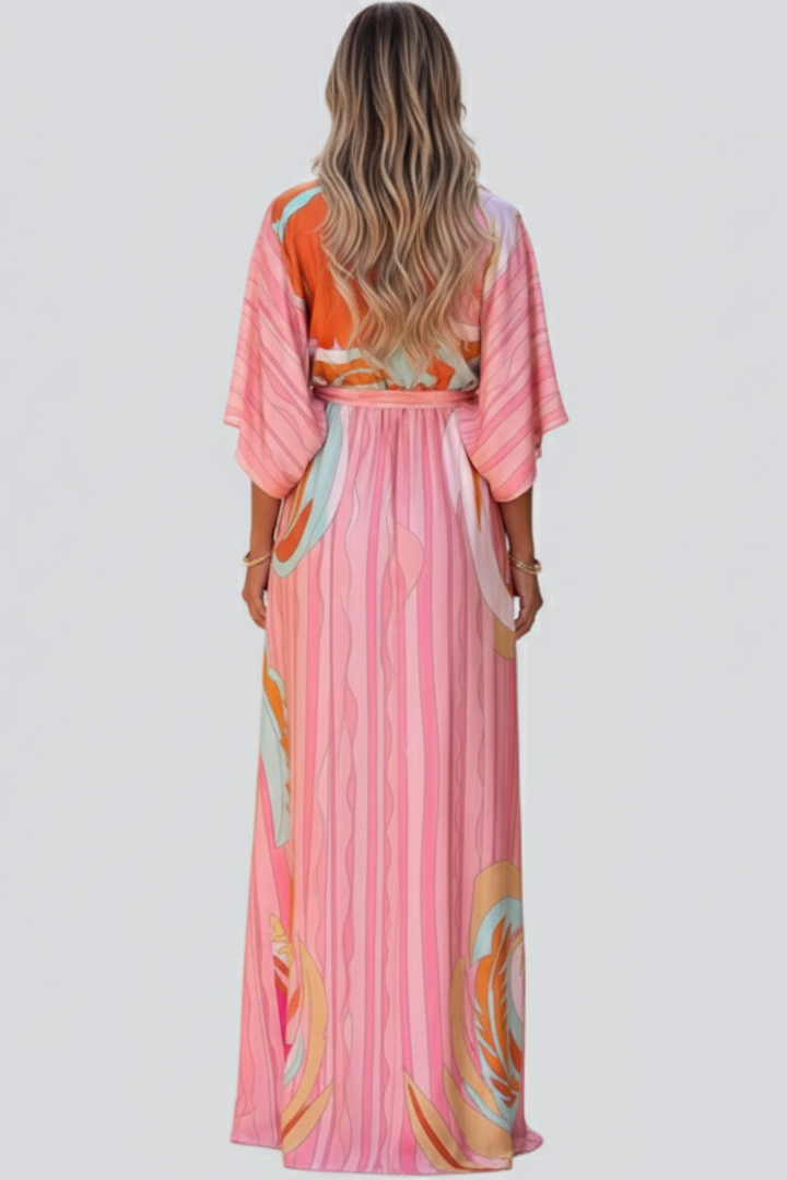 Robe longue pour femme avec col en V, manches larges et lien à la taille-Maxi Dress-Gigié