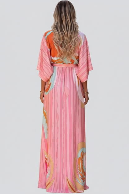 Robe longue pour femme avec col en V, manches larges et lien à la taille-Maxi Dress-Gigié