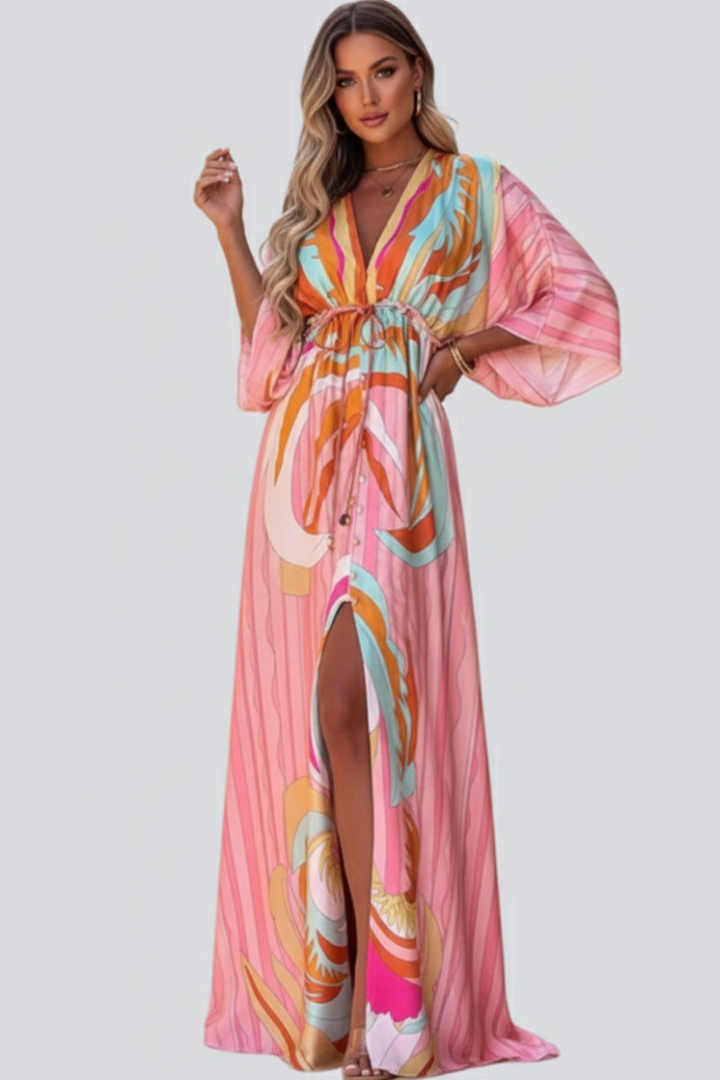Robe longue pour femme avec col en V, manches larges et lien à la taille-Maxi Dress-Gigié