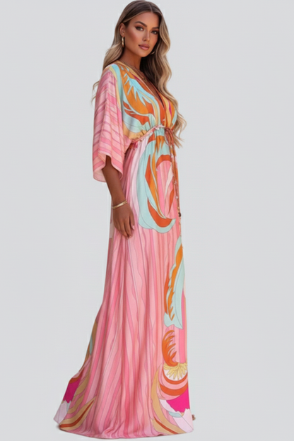 Robe longue pour femme avec col en V, manches larges et lien à la taille-Maxi Dress-Gigié