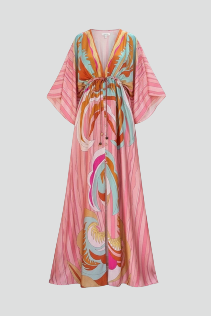 Robe longue pour femme avec col en V, manches larges et lien à la taille-Maxi Dress-Gigié