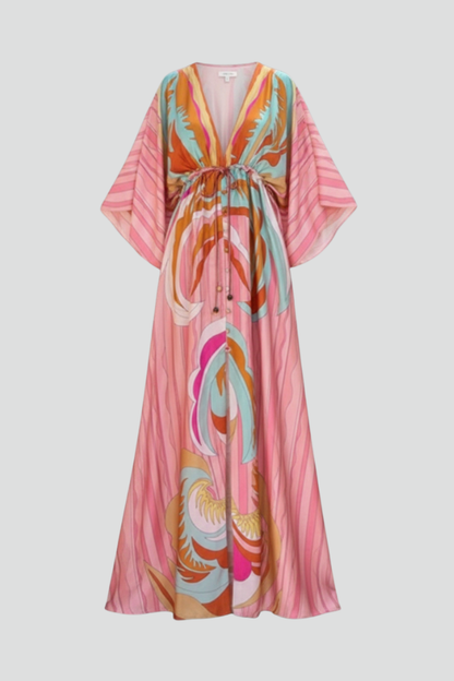Robe longue pour femme avec col en V, manches larges et lien à la taille-Maxi Dress-Gigié
