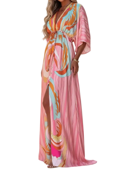 Robe longue pour femme avec col en V, manches larges et lien à la taille-Maxi Dress-Gigié