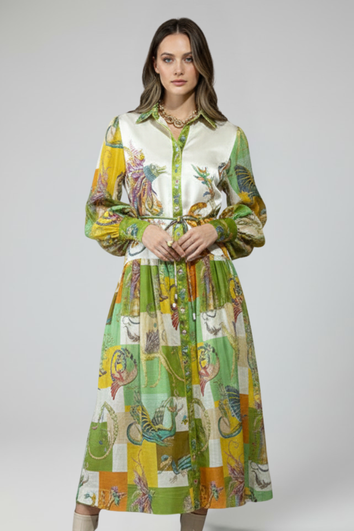 Robe longue pour femme avec col en V, manches longues et lien à la taille-Maxi Dress-Gigié