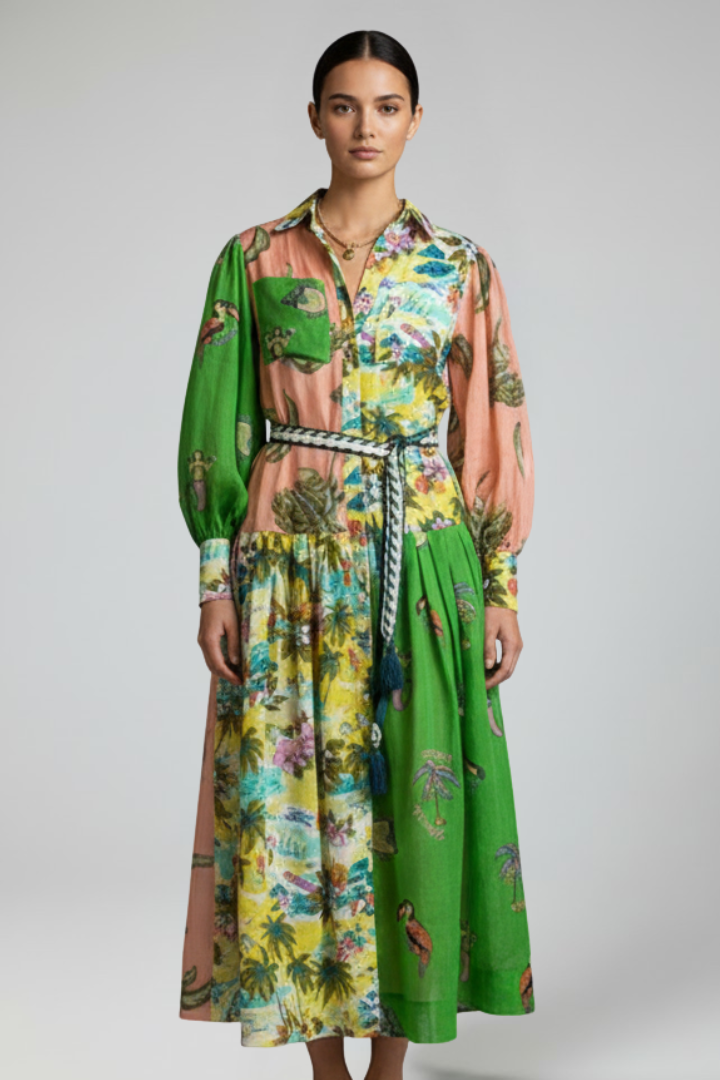 Robe longue pour femme avec col en V, manches longues et lien à la taille-Maxi Dress-Gigié