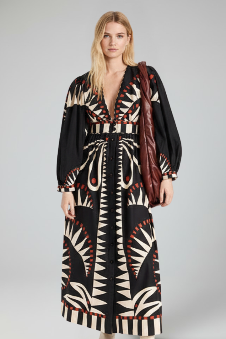 Robe longue pour femme avec col en V, manches longues et lien à la taille-Maxi Dress-Gigié