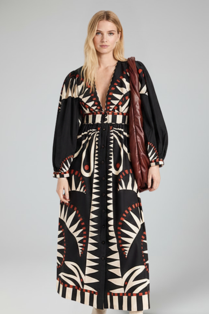 Robe longue pour femme avec col en V, manches longues et lien à la taille-Maxi Dress-Gigié