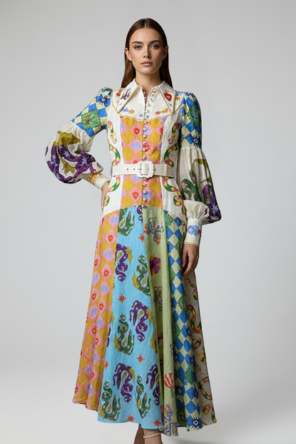 Robe longue pour femme avec col en V, manches longues et lien à la taille-Maxi Dress-Gigié