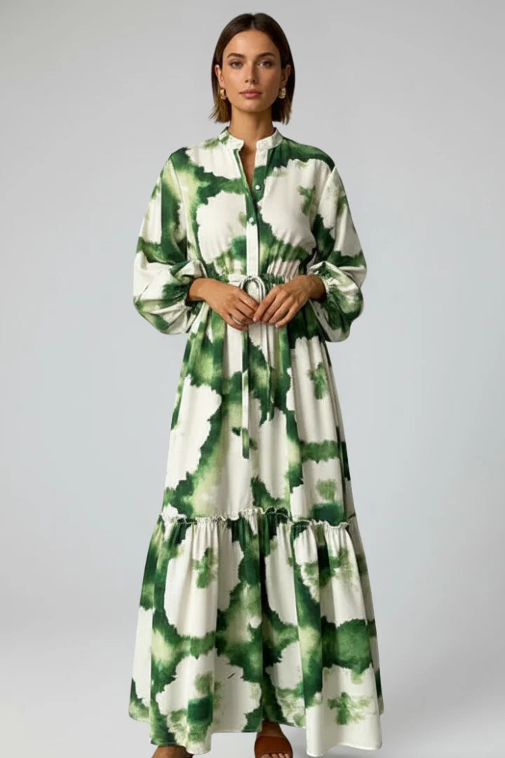 Robe longue pour femme avec col en V, manches longues et lien à la taille-Maxi Dress-Gigié