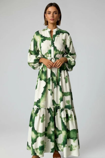Robe longue pour femme avec col en V, manches longues et lien à la taille-Maxi Dress-Gigié