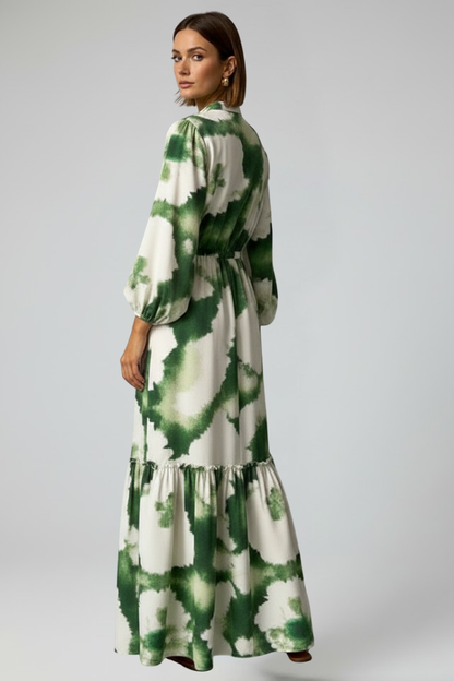 Robe longue pour femme avec col en V, manches longues et lien à la taille-Maxi Dress-Gigié