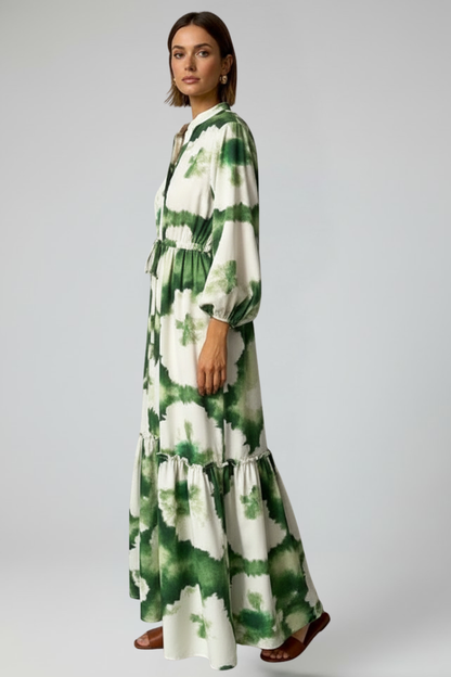 Robe longue pour femme avec col en V, manches longues et lien à la taille-Maxi Dress-Gigié